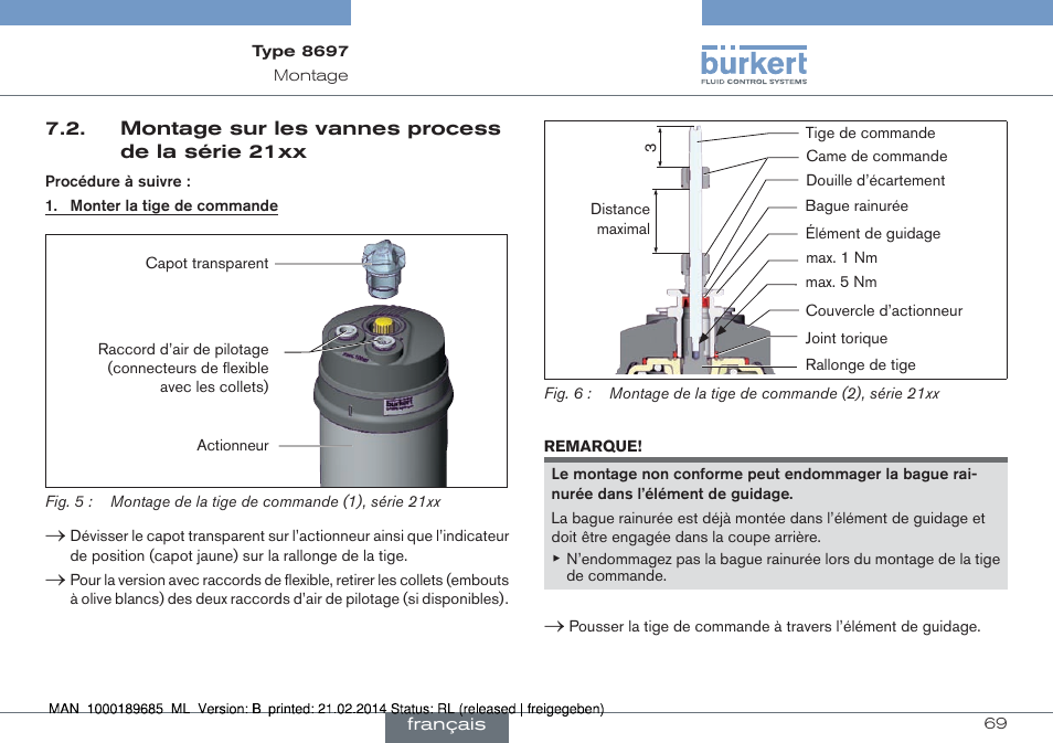 Montage sur les vannes process de la série 21xx | Burkert Type 8697 User Manual | Page 69 / 90