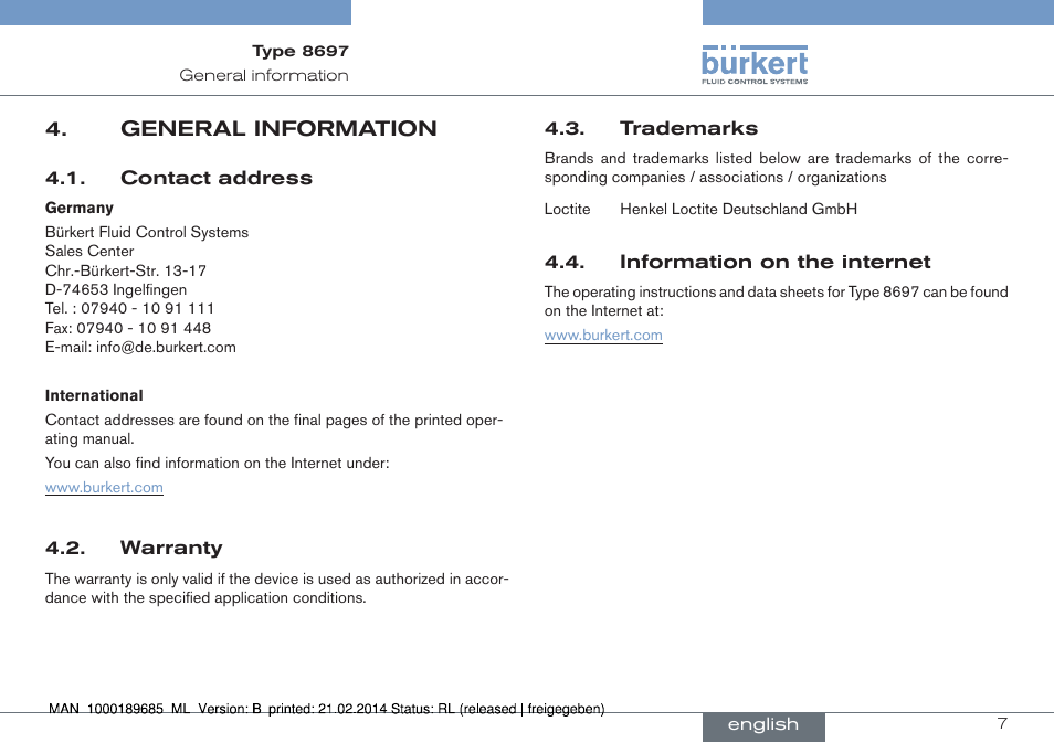 General information | Burkert Type 8697 User Manual | Page 7 / 90