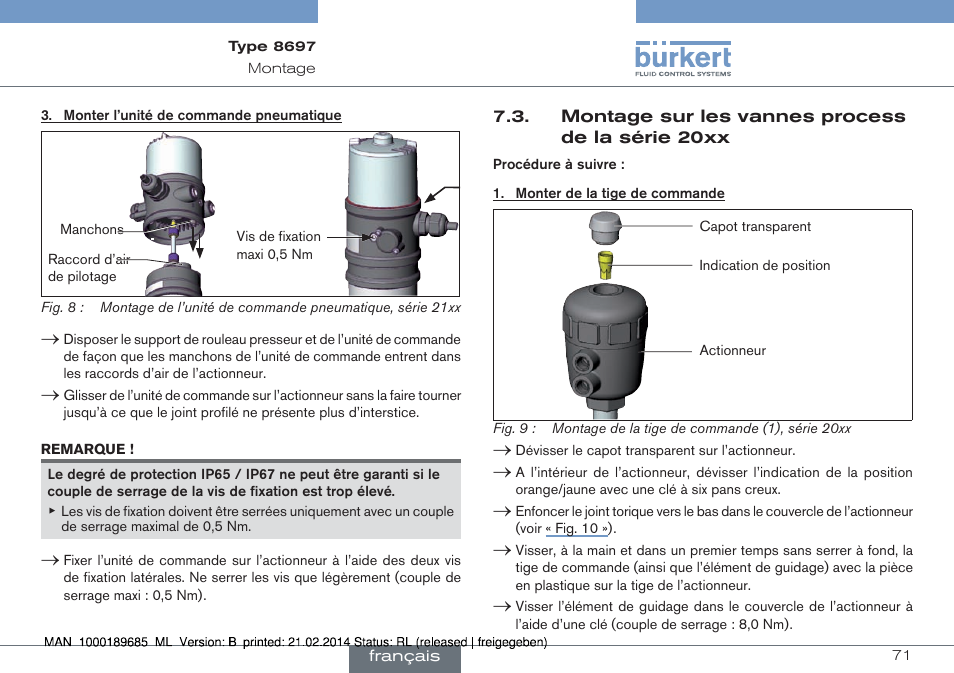 Montage sur les vannes process de la série 20xx | Burkert Type 8697 User Manual | Page 71 / 90