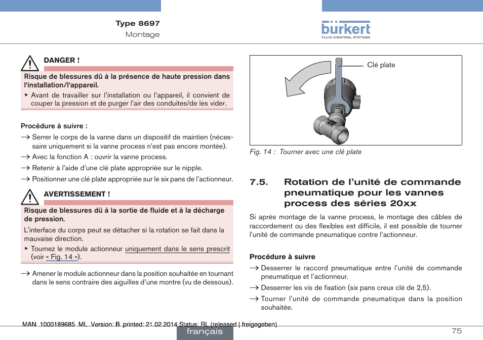 Rotation de l’unité de commande pneumatique pour, Les vannes process des séries 20xx | Burkert Type 8697 User Manual | Page 75 / 90