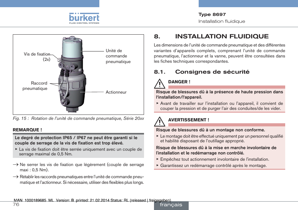 Installation fluidique, Consignes de sécurité | Burkert Type 8697 User Manual | Page 76 / 90