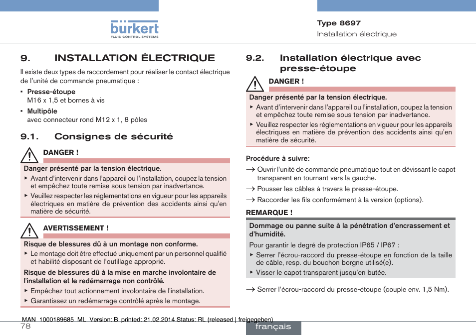 Installation électrique | Burkert Type 8697 User Manual | Page 78 / 90