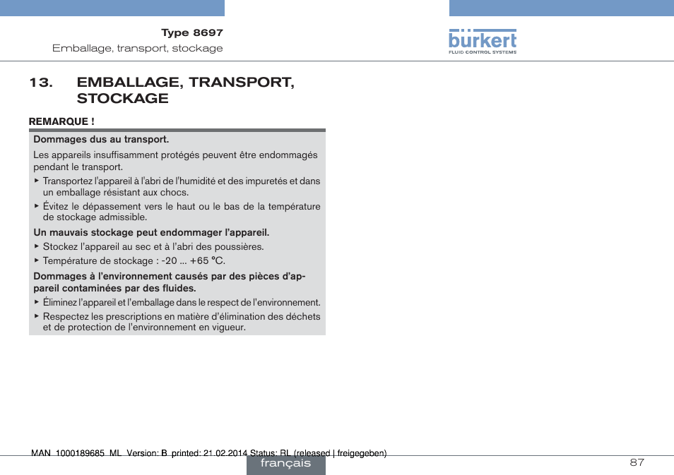 Emballage, transport, stockage | Burkert Type 8697 User Manual | Page 87 / 90