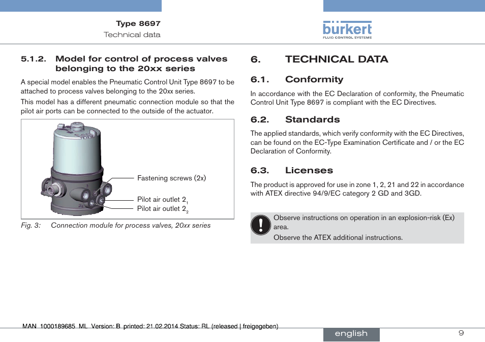 Technical data, Conformity 6.2. standards 6.3. licenses | Burkert Type 8697 User Manual | Page 9 / 90
