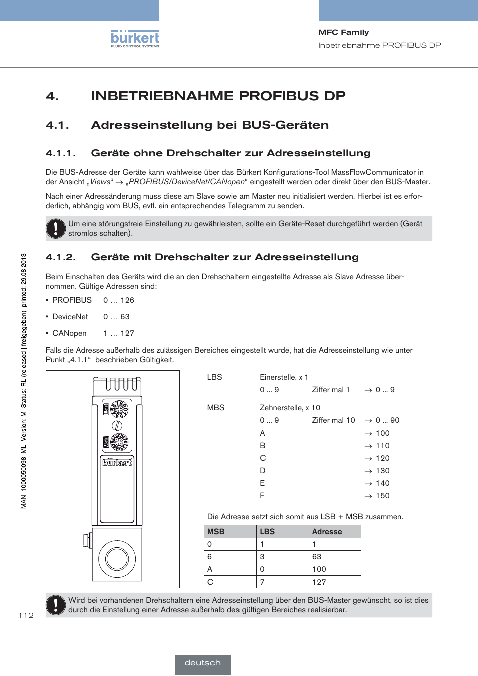 Inbetriebnahme profibus dp, Adresseinstellung bei bus-geräten | Burkert Type 8717 User Manual | Page 112 / 254