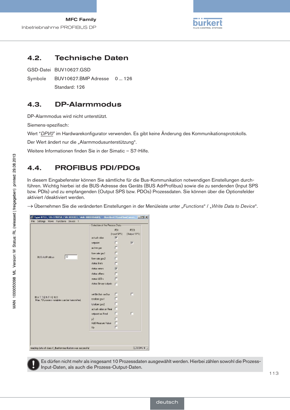 Technische daten, Dp-alarmmodus, Profibus pdi/pdos | Burkert Type 8717 User Manual | Page 113 / 254