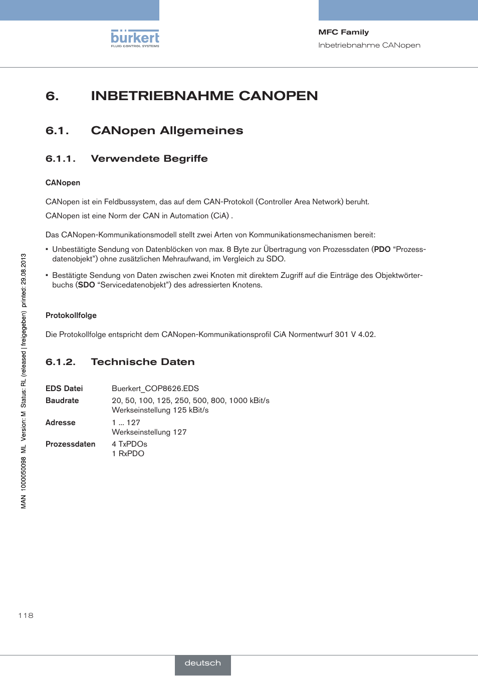 Inbetriebnahme canopen, Canopen allgemeines | Burkert Type 8717 User Manual | Page 118 / 254