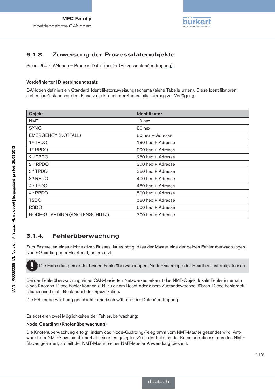 Zuweisung der prozessdatenobjekte, Fehlerüberwachung | Burkert Type 8717 User Manual | Page 119 / 254