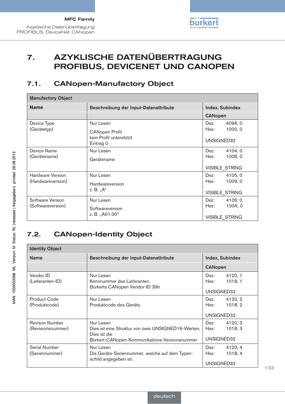 Canopen-manufactory object, Canopen-identity object | Burkert Type 8717 User Manual | Page 133 / 254