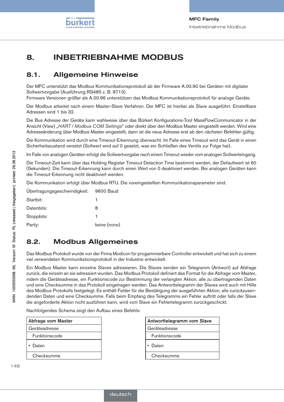 Inbetriebnahme modbus, Allgemeine hinweise, Modbus allgemeines | Burkert Type 8717 User Manual | Page 148 / 254