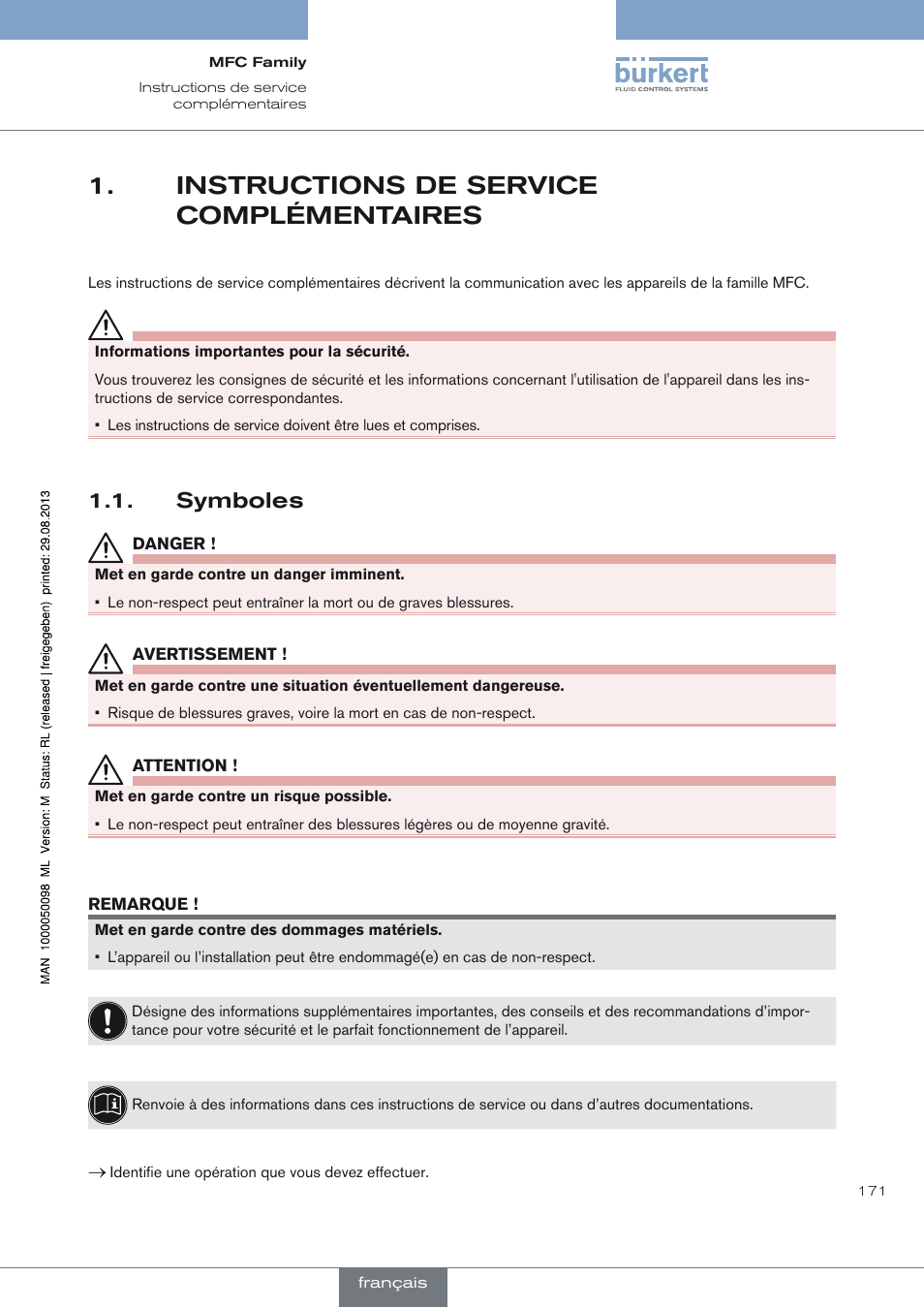 Instructions de service complémentaires, Symboles | Burkert Type 8717 User Manual | Page 171 / 254