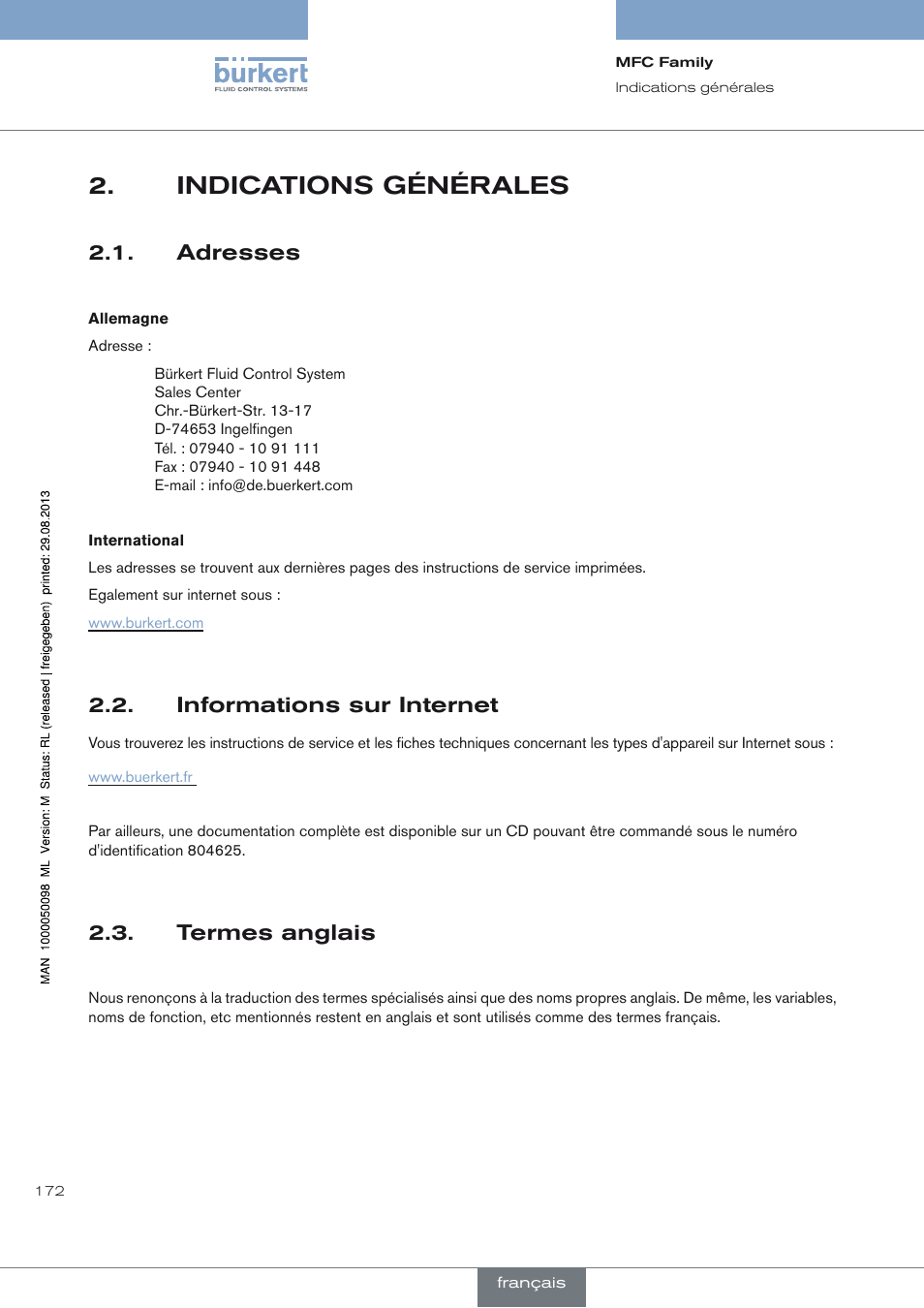 Indications générales, Adresses, Informations sur internet | Termes anglais | Burkert Type 8717 User Manual | Page 172 / 254