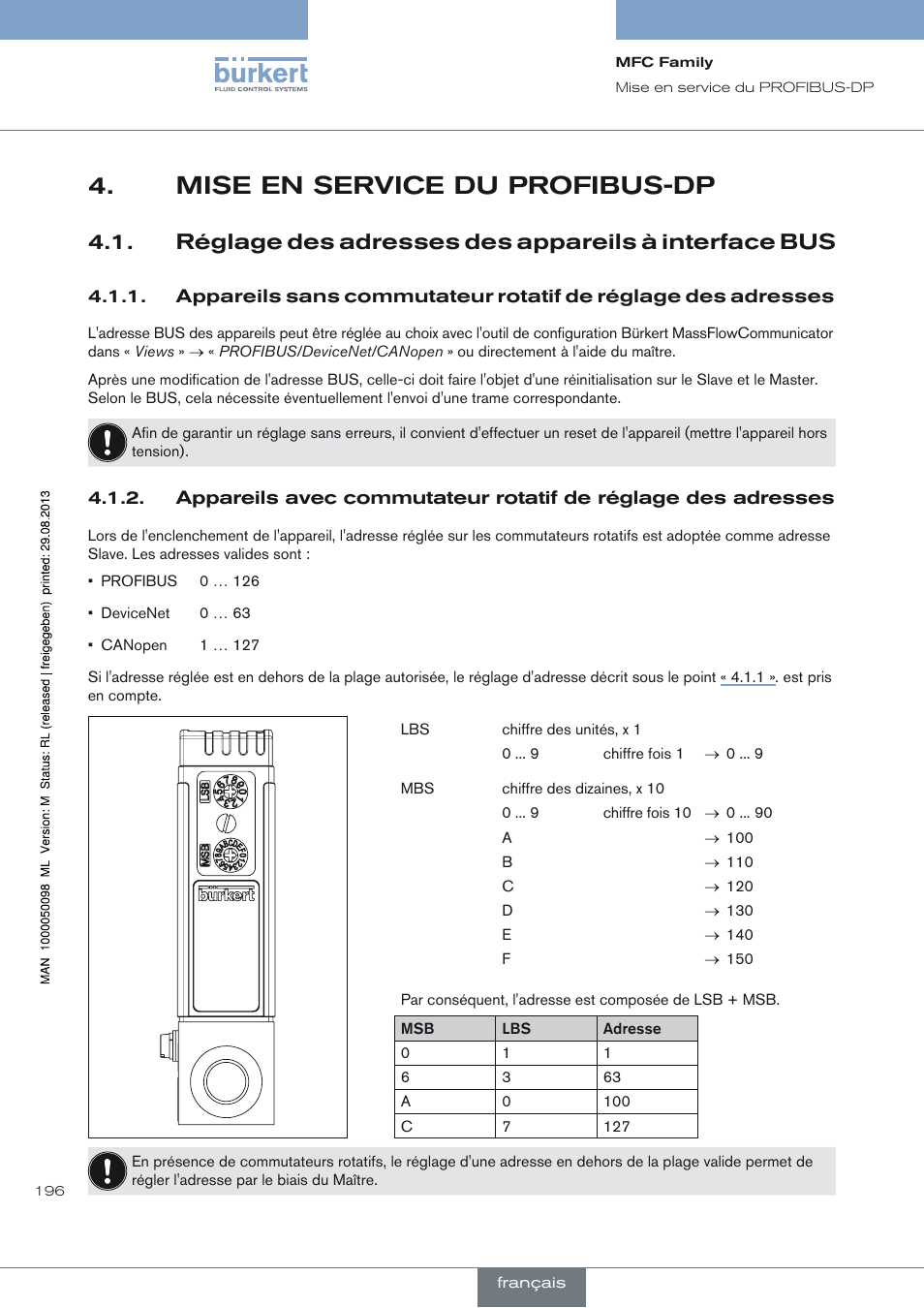 Mise en service du profibus-dp, Réglage des adresses des appareils à interface bus | Burkert Type 8717 User Manual | Page 196 / 254