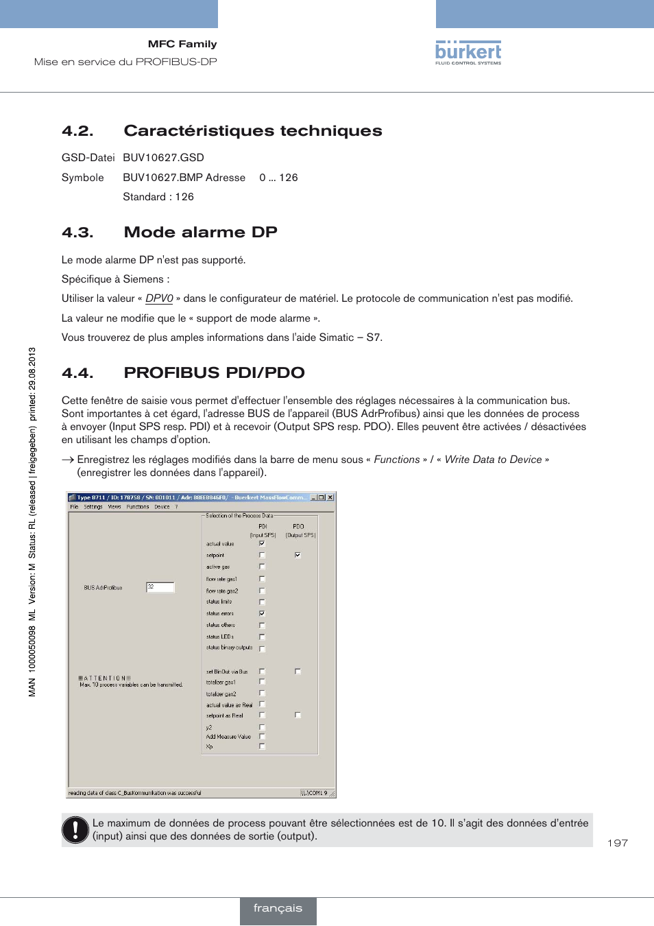 Caractéristiques techniques, Mode alarme dp, Profibus pdi/pdo | Burkert Type 8717 User Manual | Page 197 / 254