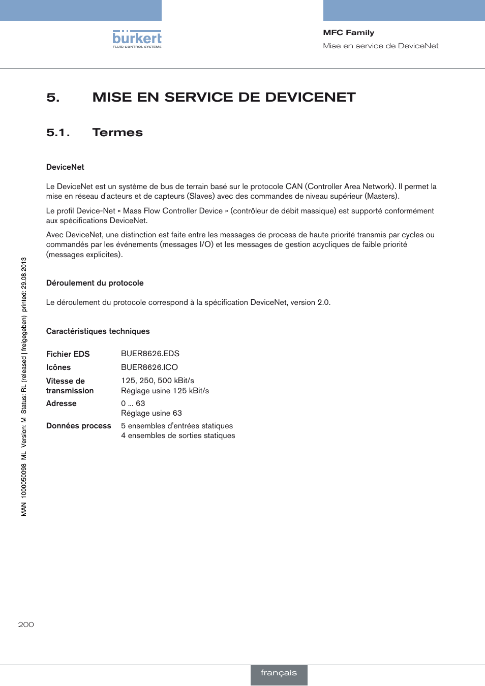 Mise en service de devicenet, Termes | Burkert Type 8717 User Manual | Page 200 / 254