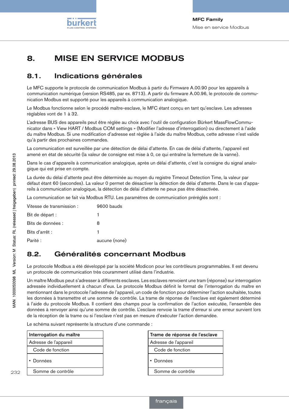 Mise en service modbus, Indications générales, Généralités concernant modbus | Burkert Type 8717 User Manual | Page 232 / 254