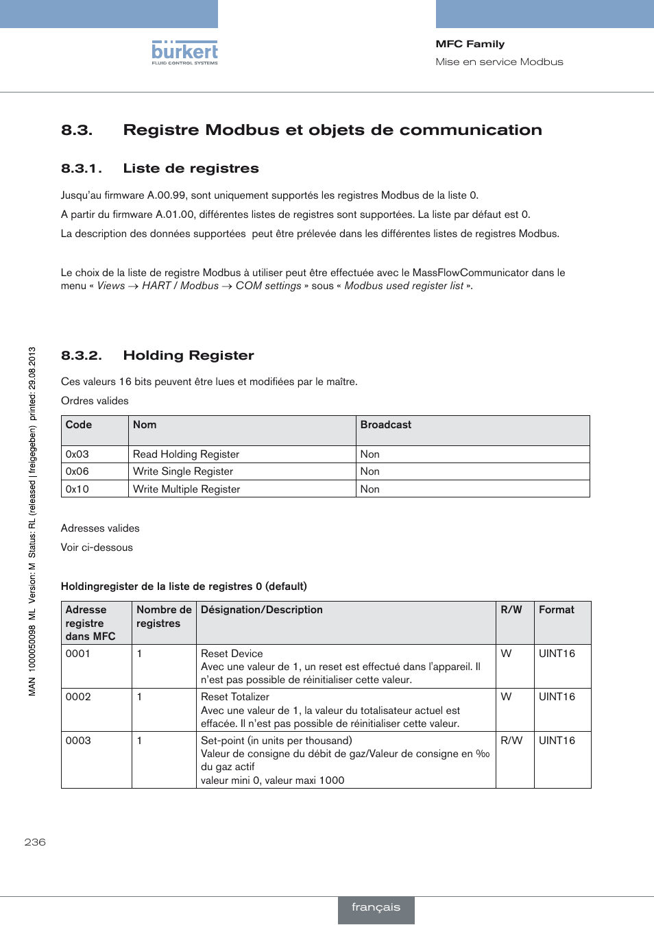 Registre modbus et objets de communication | Burkert Type 8717 User Manual | Page 236 / 254