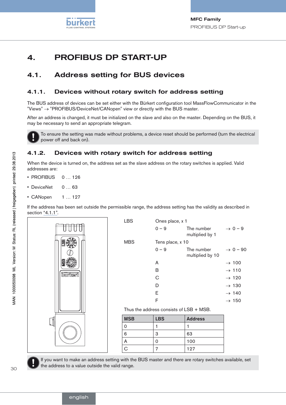 Profibus dp start-up, Address setting for bus devices | Burkert Type 8717 User Manual | Page 30 / 254