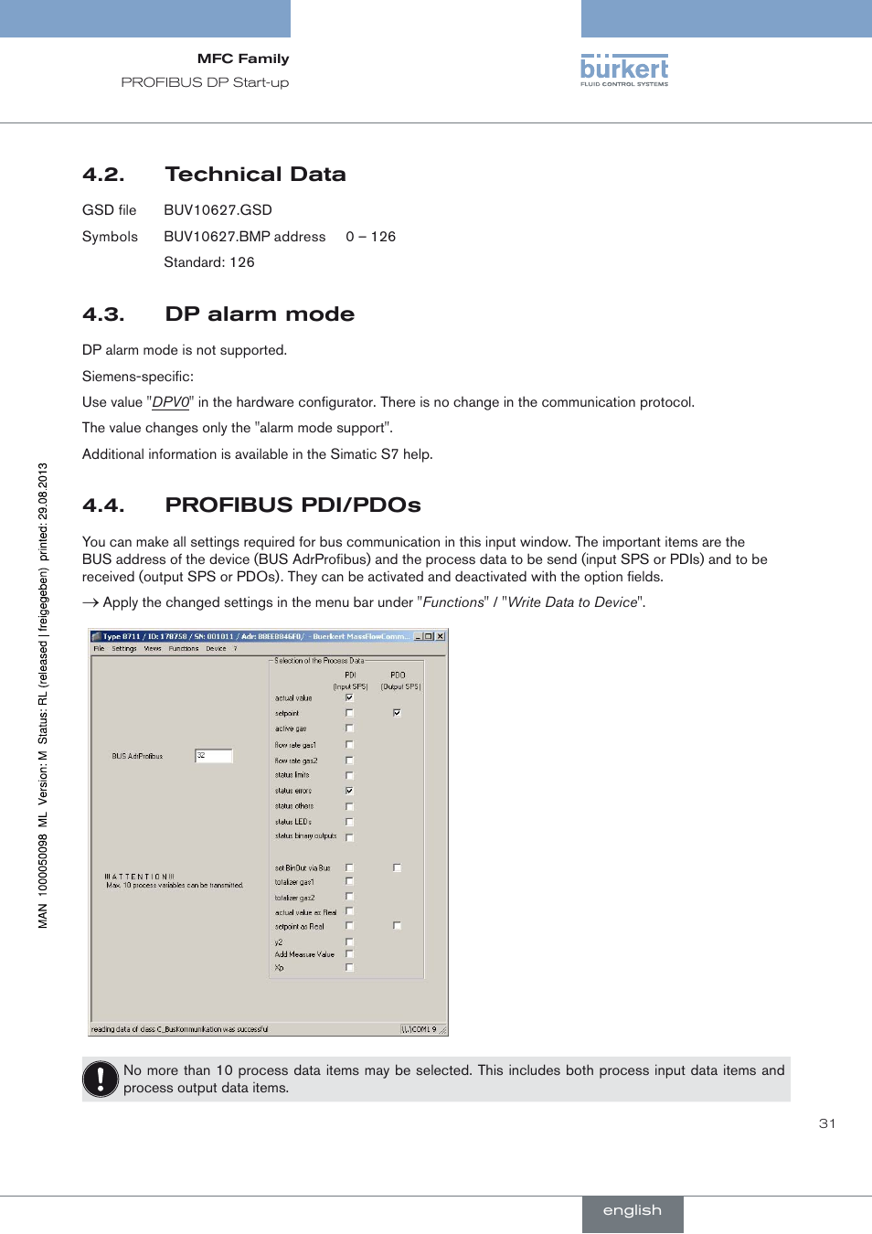 Technical data, Dp alarm mode, Profibus pdi/pdos | Burkert Type 8717 User Manual | Page 31 / 254