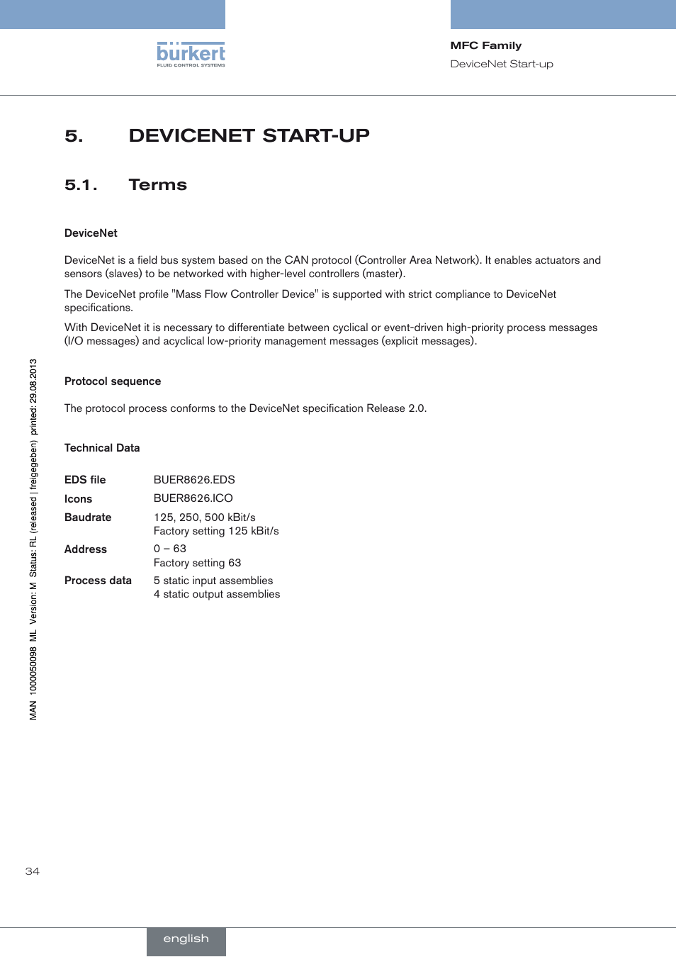 Devicenet start-up, Terms | Burkert Type 8717 User Manual | Page 34 / 254