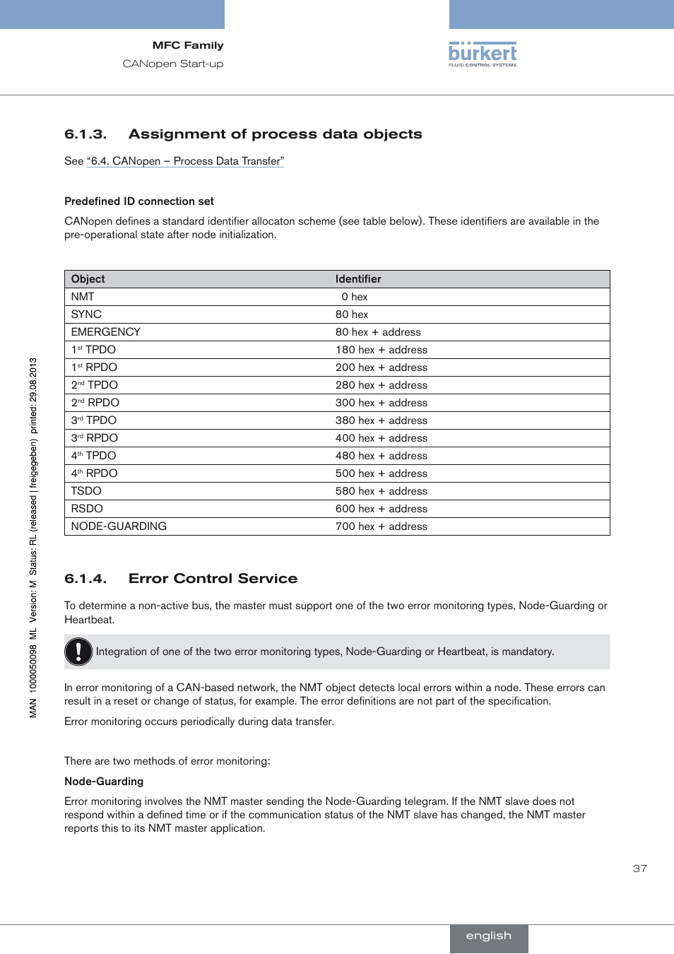 Assignment of process data objects, Error control service | Burkert Type 8717 User Manual | Page 37 / 254