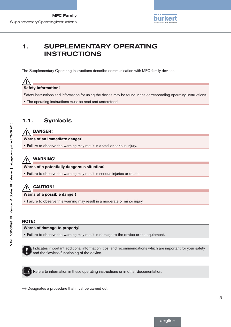 Supplementary operating instructions, Symbols | Burkert Type 8717 User Manual | Page 5 / 254