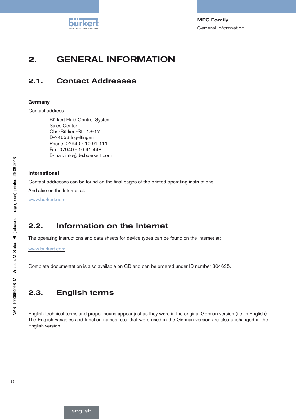 General information, Contact addresses, Information on the internet | English terms | Burkert Type 8717 User Manual | Page 6 / 254