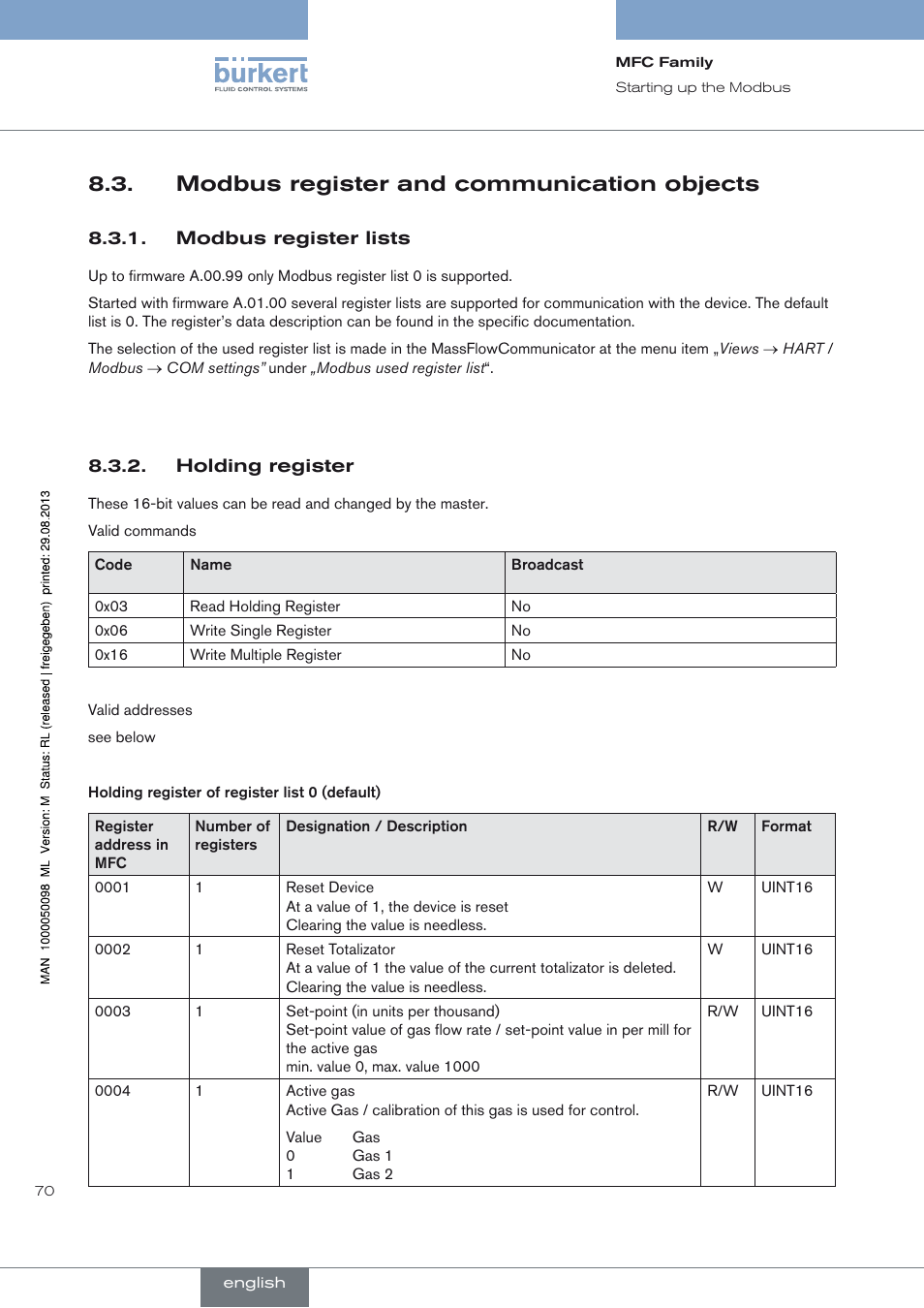 Modbus register and communication objects | Burkert Type 8717 User Manual | Page 70 / 254