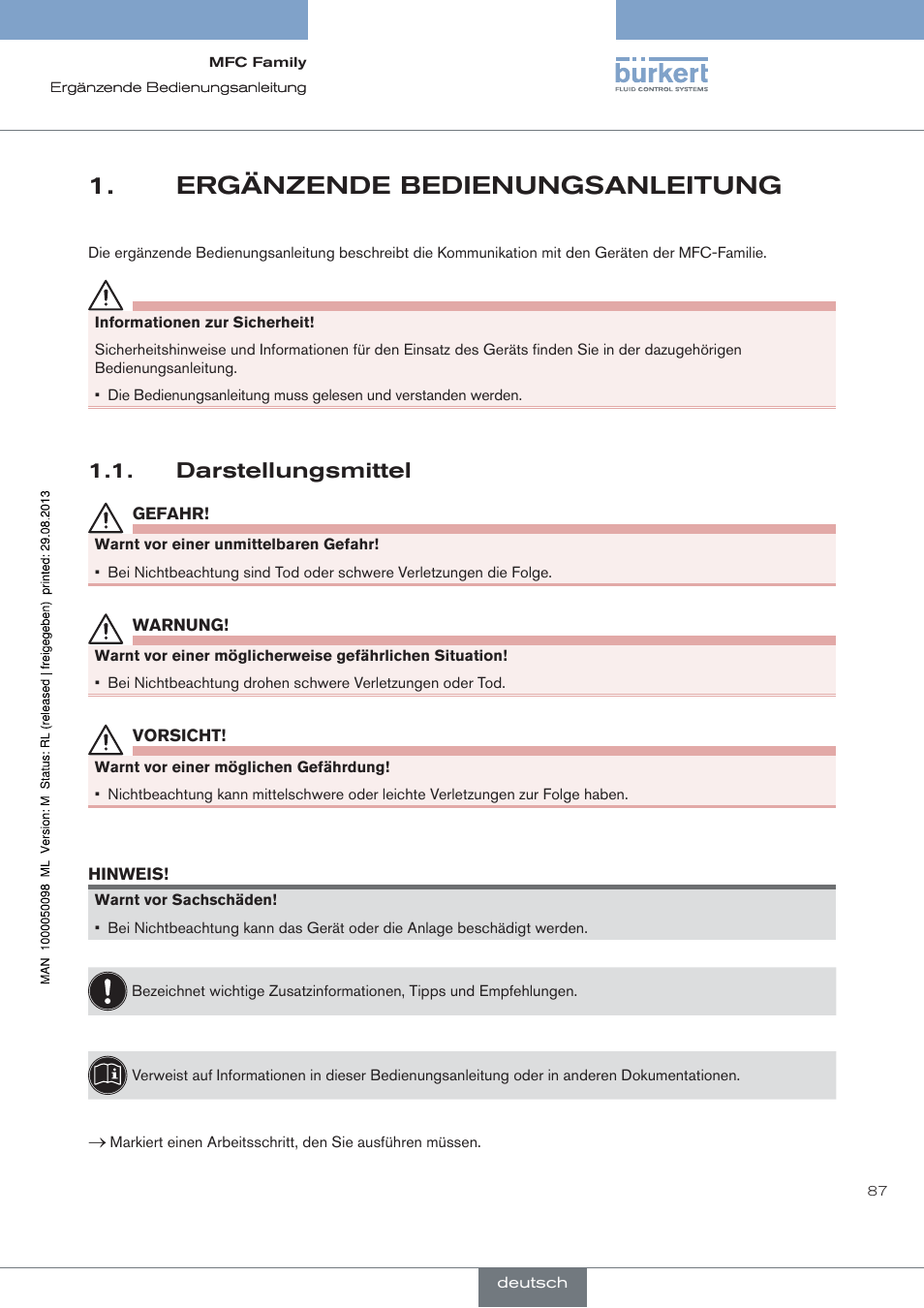 Ergänzende bedienunganleitung, Darstellungsmittel, Ergänzende bedienungsanleitung | Burkert Type 8717 User Manual | Page 87 / 254