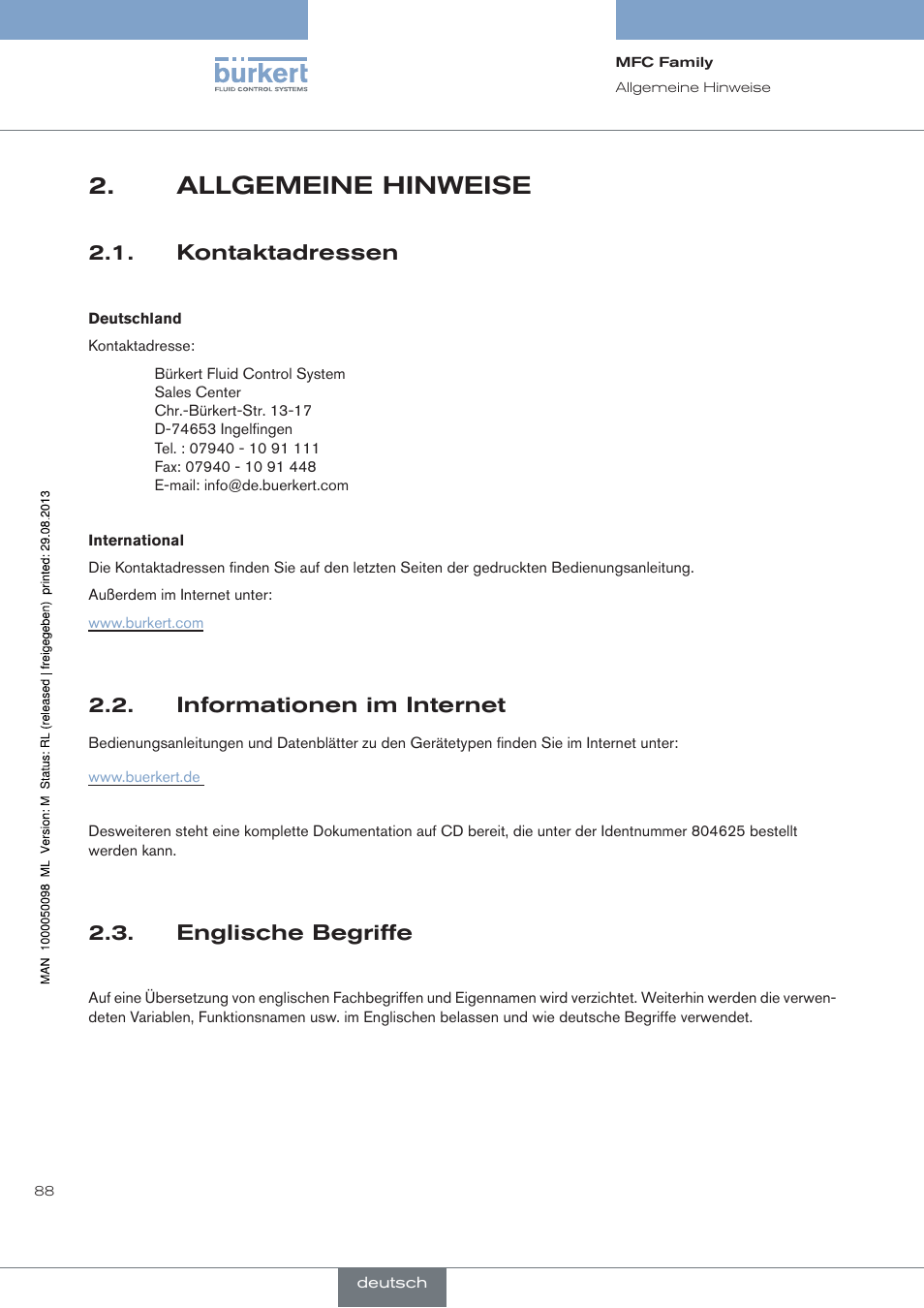 Allgemeine hinweise, Kontaktadressen, Informationen im internet | Englische begriffe | Burkert Type 8717 User Manual | Page 88 / 254