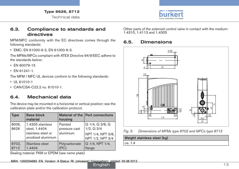 Compliance to standards and directives, Mechanical data, Dimensions | Burkert Type 8712 User Manual | Page 13 / 52