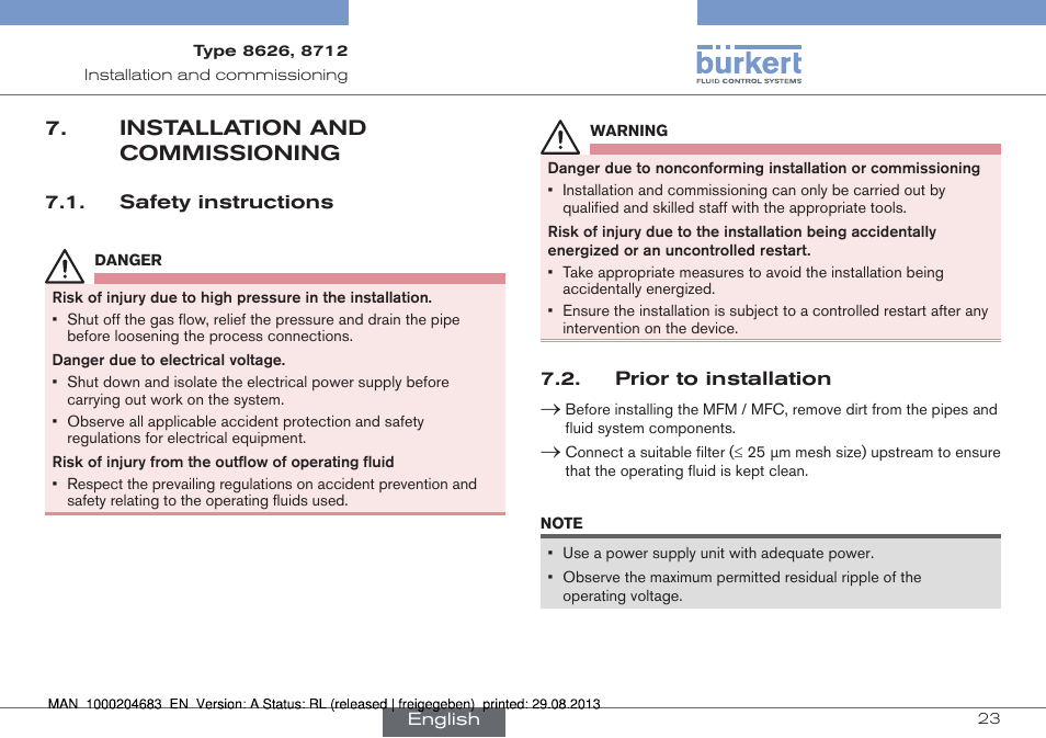 Installation and commissioning, Safety instructions, Prior to installation | Burkert Type 8712 User Manual | Page 23 / 52