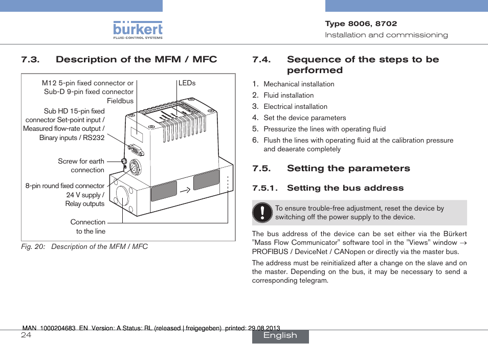 Description of the mfm / mfc, Sequence of the steps to be performed, Setting the parameters | Burkert Type 8712 User Manual | Page 24 / 52