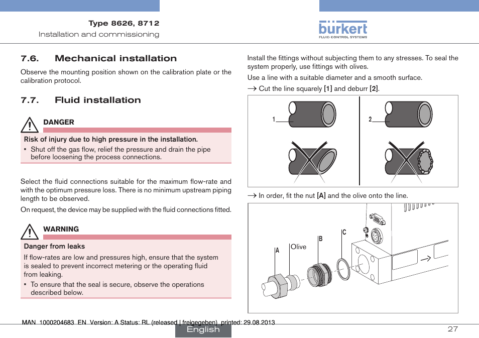 Mechanical installation, Fluid installation | Burkert Type 8712 User Manual | Page 27 / 52