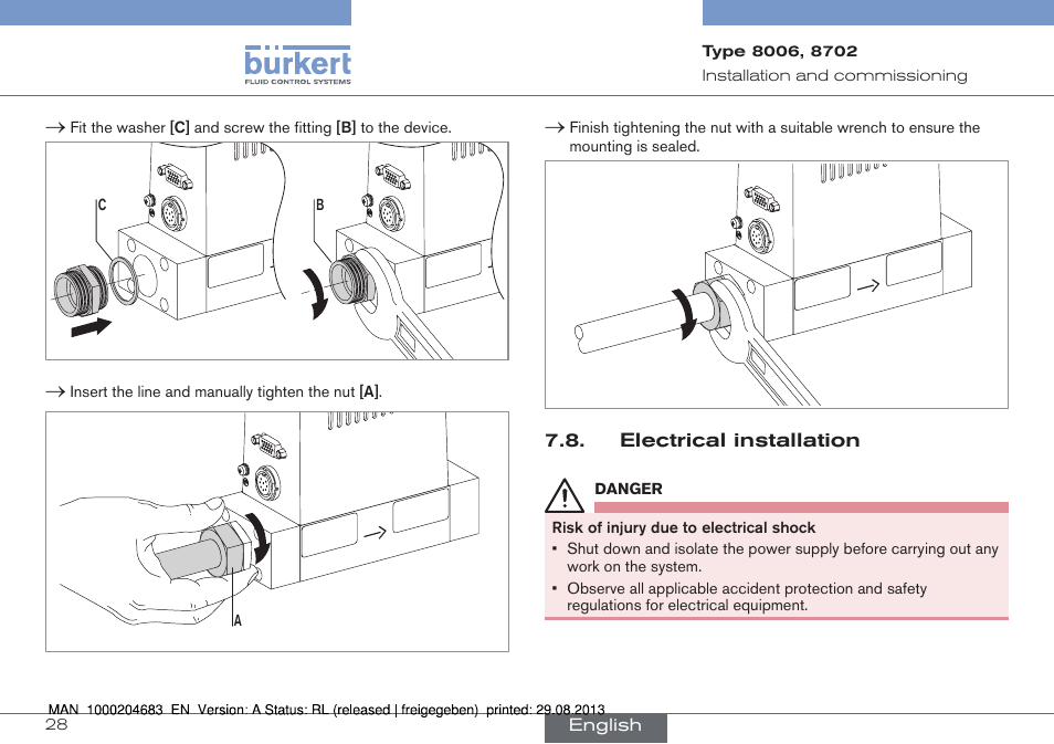 Electrical installation | Burkert Type 8712 User Manual | Page 28 / 52