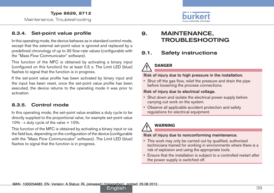 Maintenance, troubleshooting, Safety instructions | Burkert Type 8712 User Manual | Page 39 / 52