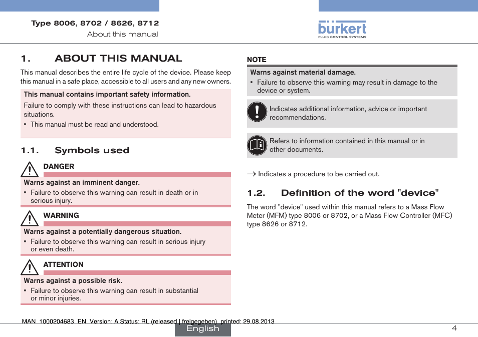 About this manual, Symbols used, Definition of the word "device | Burkert Type 8712 User Manual | Page 4 / 52