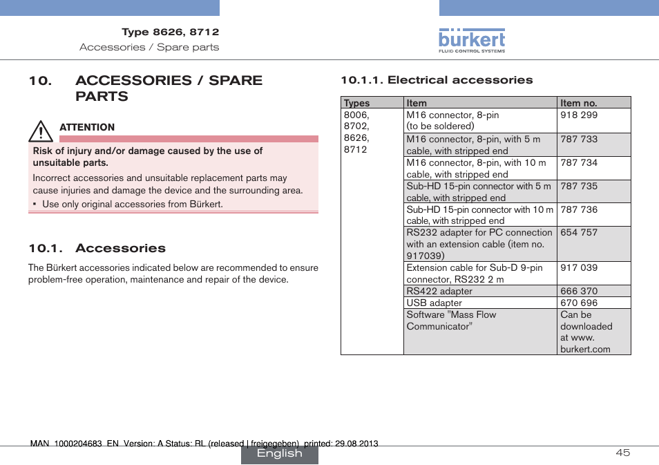 Accessories / spare parts, Accessories | Burkert Type 8712 User Manual | Page 45 / 52