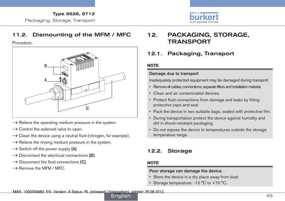 Dismounting of the mfm / mfc, Packaging, storage, transport, Packaging, transport | Storage | Burkert Type 8712 User Manual | Page 49 / 52