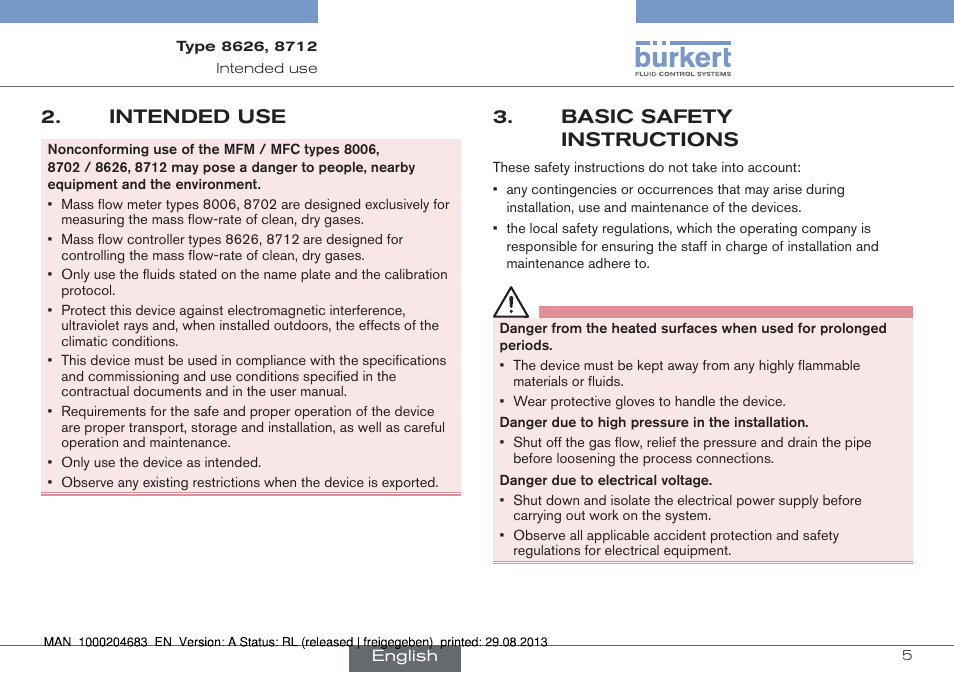 Intended use, Basic safety instructions, Intended | Burkert Type 8712 User Manual | Page 5 / 52