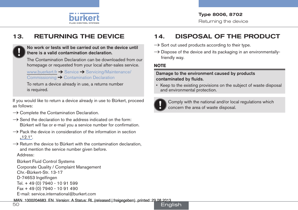 Returning the device, Disposal of the product | Burkert Type 8712 User Manual | Page 50 / 52