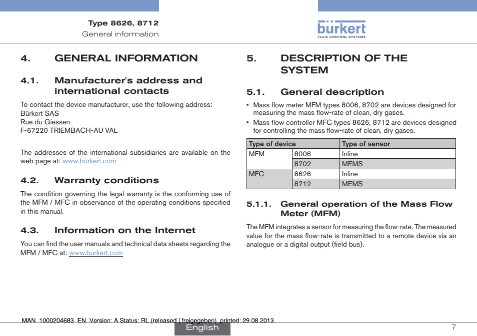 General information, Manufacturer's address and international contacts, Warranty conditions | Information on the internet, Description of the system, General description | Burkert Type 8712 User Manual | Page 7 / 52