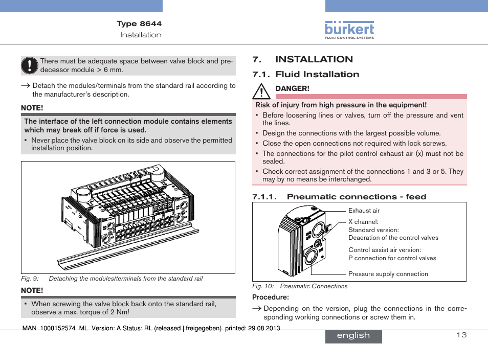 Installation, Fluid installation | Burkert Type 8644 User Manual | Page 13 / 47