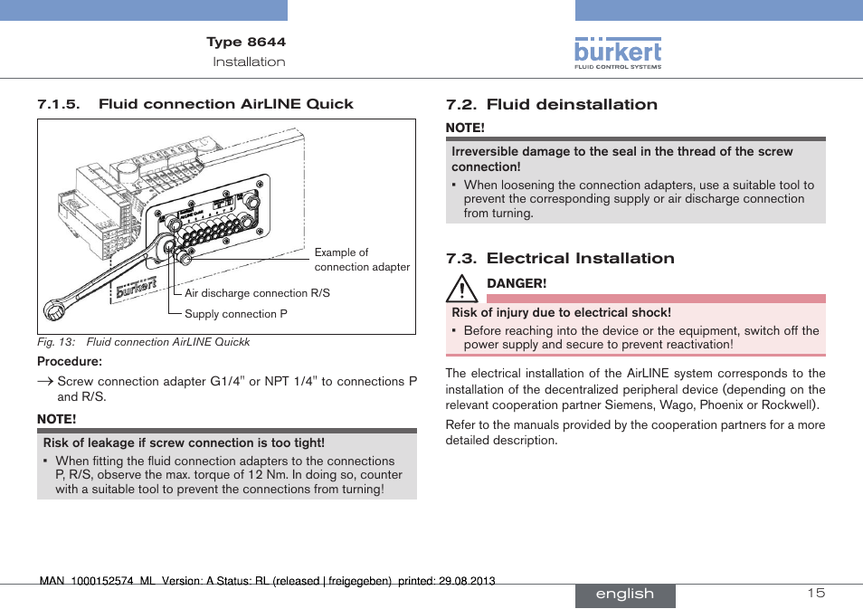 Fluid deinstallation 7.3. electrical installation | Burkert Type 8644 User Manual | Page 15 / 47