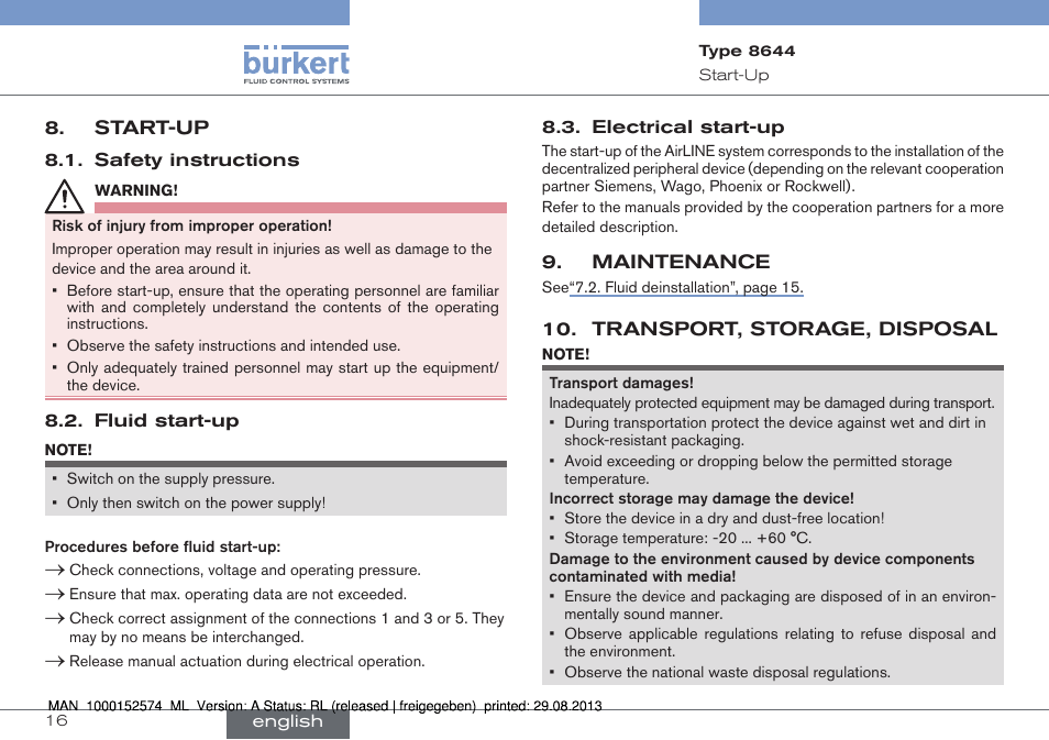 Start-up, Maintenance, Transport, storage, disposal | Burkert Type 8644 User Manual | Page 16 / 47