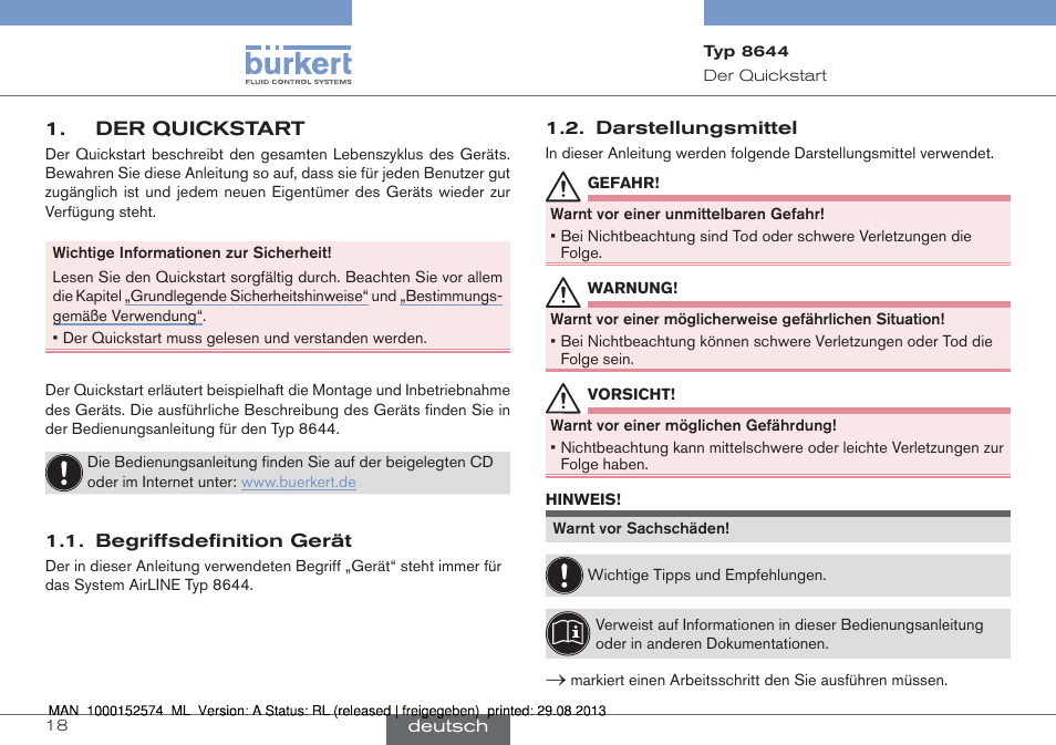 Der quickstart, Begriffsdefinition gerät 1.2. darstellungsmittel | Burkert Type 8644 User Manual | Page 18 / 47