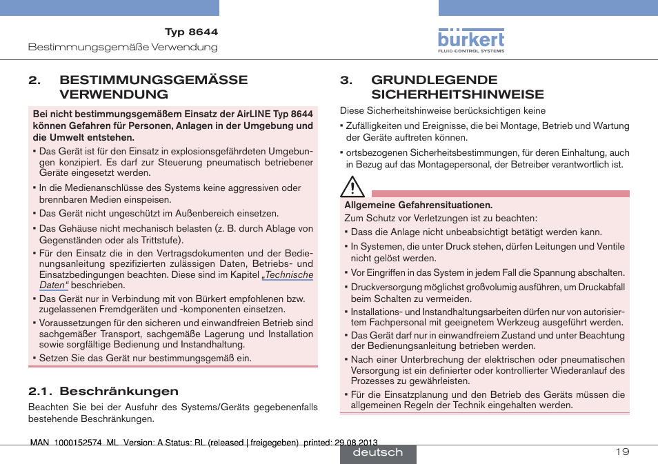 Bestimmungsgemässe verwendung, Beschränkungen, Grundlegende sicherheitshinweise | Burkert Type 8644 User Manual | Page 19 / 47