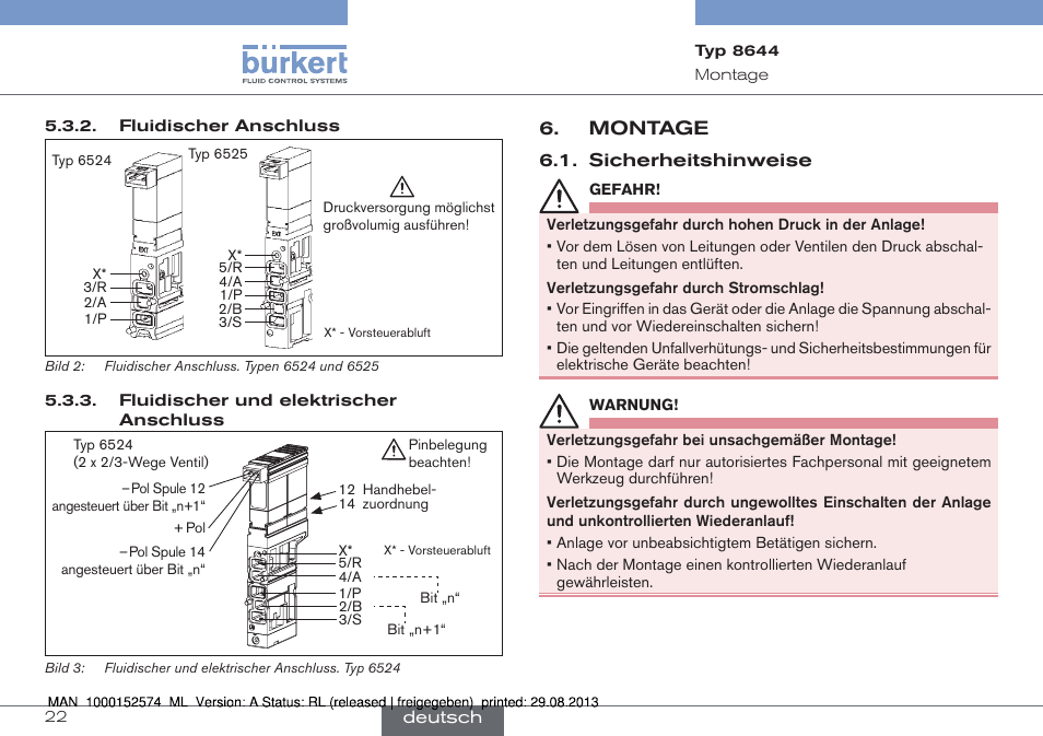 Montage, Sicherheitshinweise | Burkert Type 8644 User Manual | Page 22 / 47