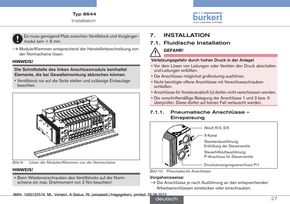 Installation, Fluidische installation | Burkert Type 8644 User Manual | Page 27 / 47