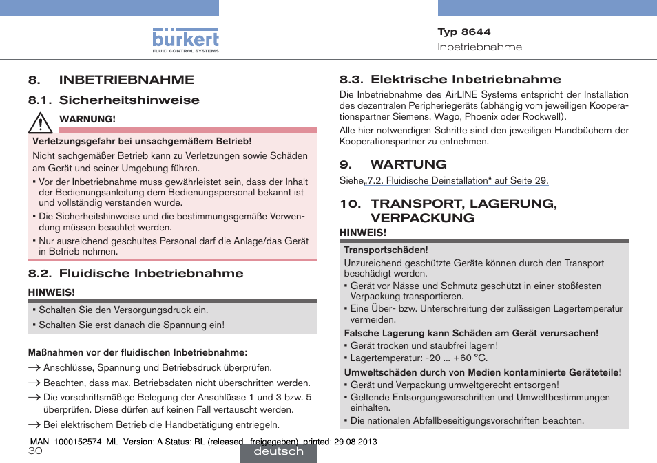 Inbetriebnahme, Wartung, Transport, lagerung, verpackung | Burkert Type 8644 User Manual | Page 30 / 47